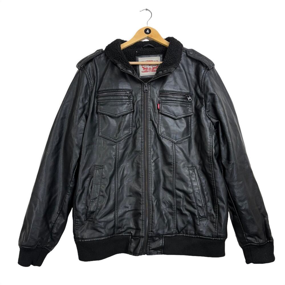 Levi's Black Faux Leather Sherpa Lined Bomber Jacket XL